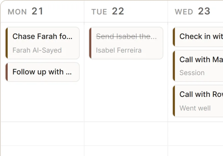 A week of the calendar with tasks and calls on it