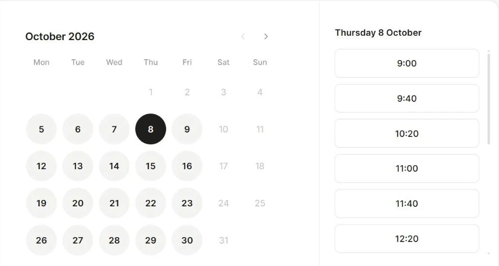 A booking page with a month calendar and the open times for the chosen day