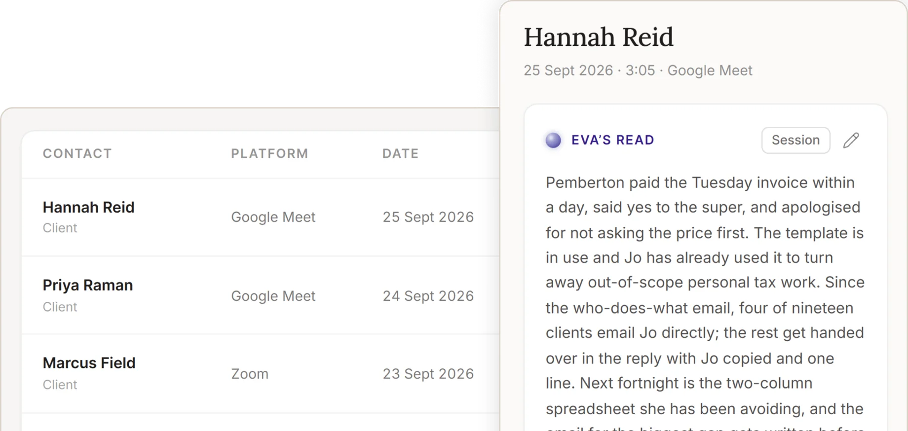 A list of calls beside Eva's read of one of them
