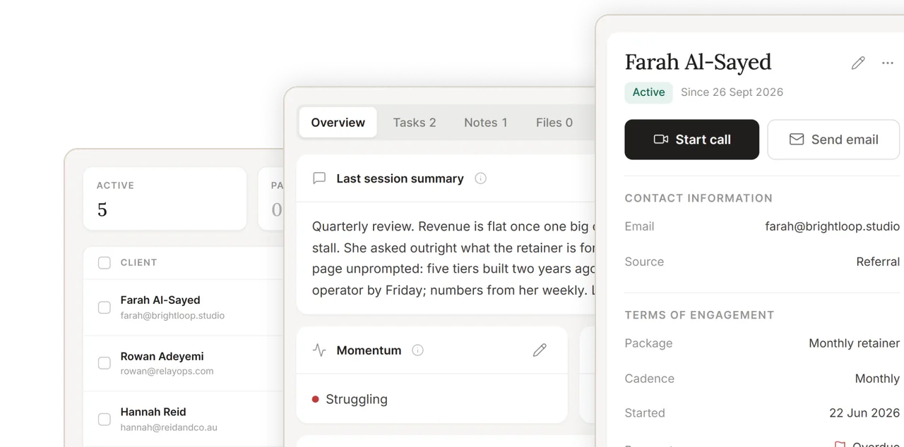 A client record with tabs, contact information and the last session summary
