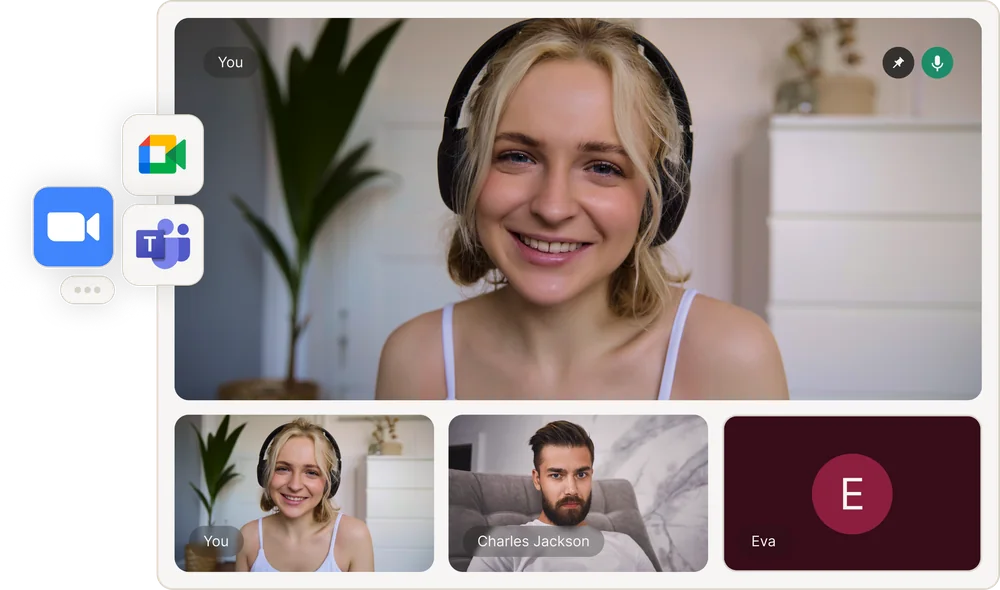 Eva shown as a participant in a video call beside Zoom, Google Meet and Teams