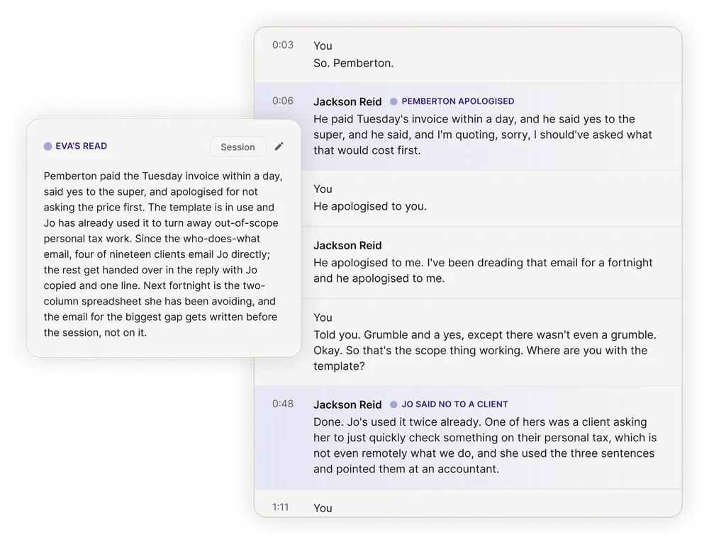 Eva's read of a call beside the transcript it came from